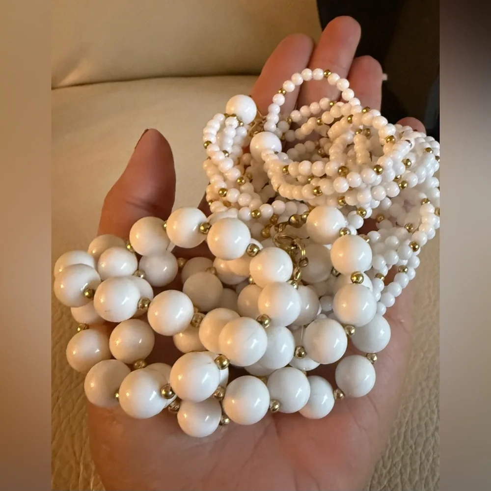 2 piece: White Beaded Vintage Necklace gold spacer beads & multistrand seed bead - Picture 8 of 9